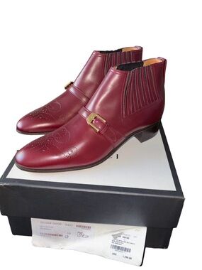 Gucci Men's Burgundy Leather Ankle Boots with Gold Buckle size 10 new